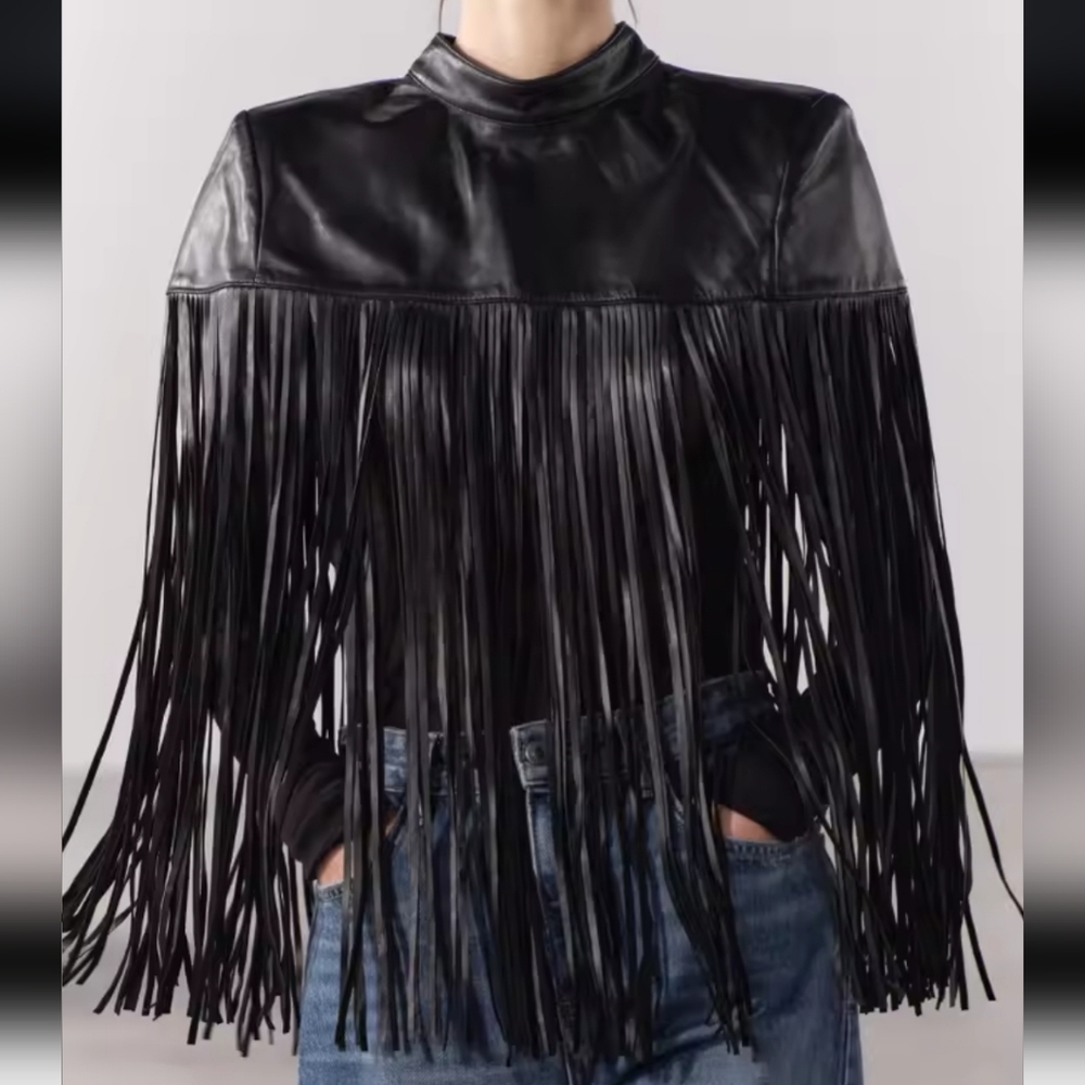 BNWT Zara Genuine Leather Fringe Cape M-L